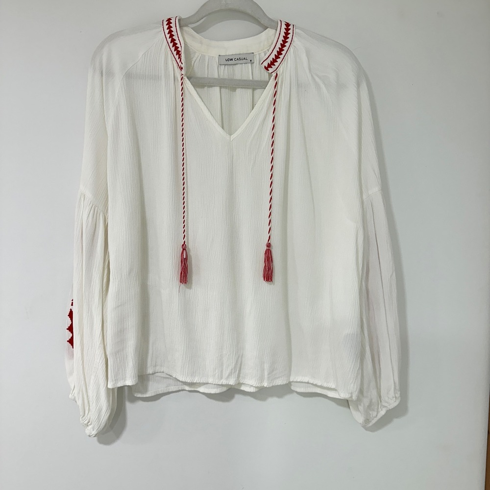 LCW Casual Embroidered Peasant Blouse Womens Medium White Red Tassel | Boho Core